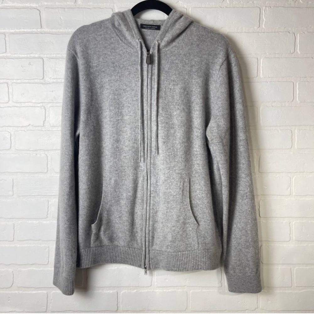 Saks Fifth Avenue Cashmere Hooded Full zip Grey Sweater size XL Knit casual